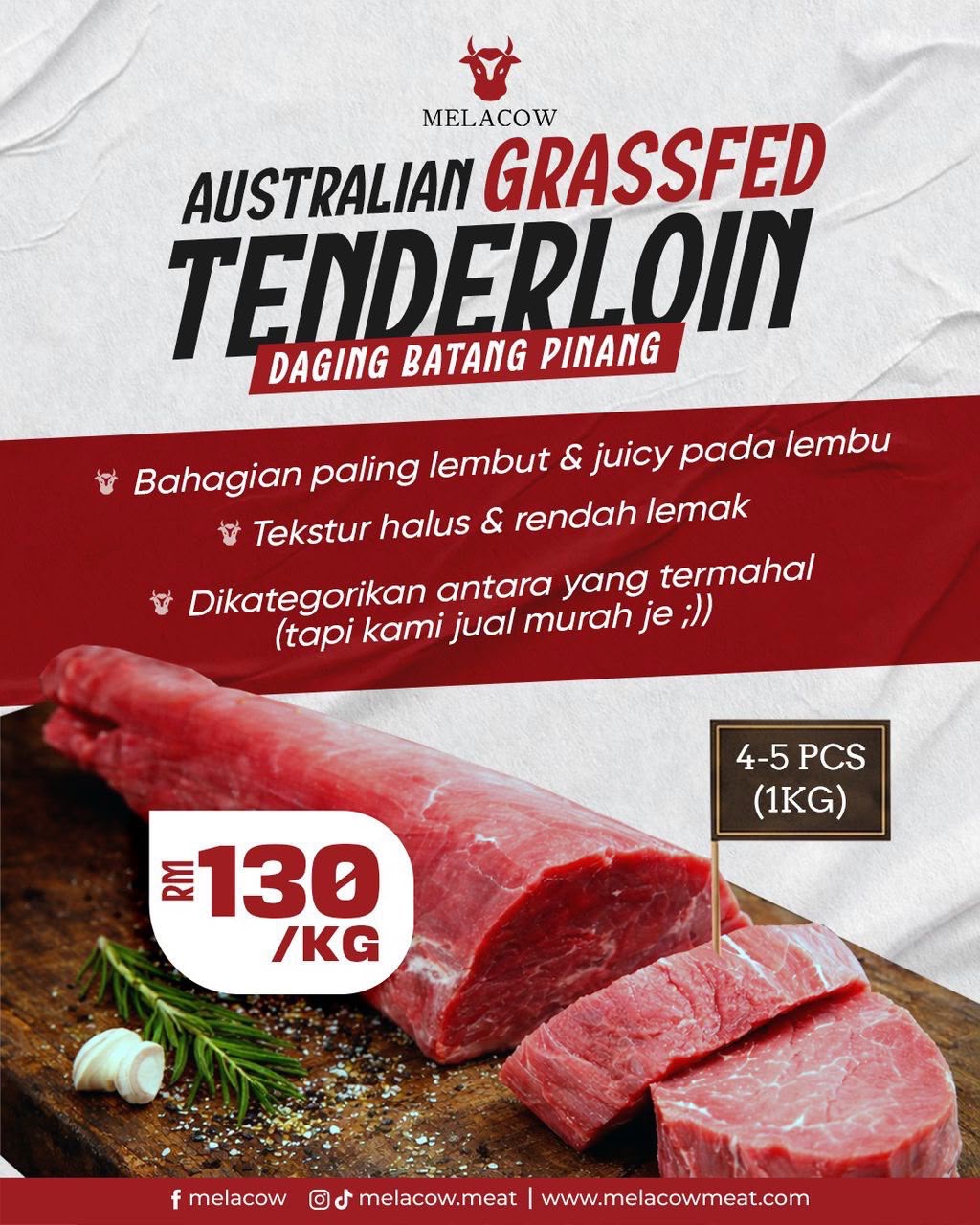 AUSTRALIAN GRASS-FED STEAK CUT TENDERLOIN 1KG (4-5PCS)